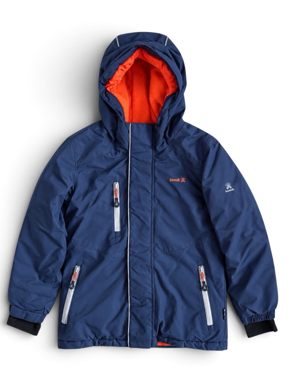 Kamik Kids Hooded Fleece Lined Winter Ski Jacket Navy Blue Orange Boys Size 8